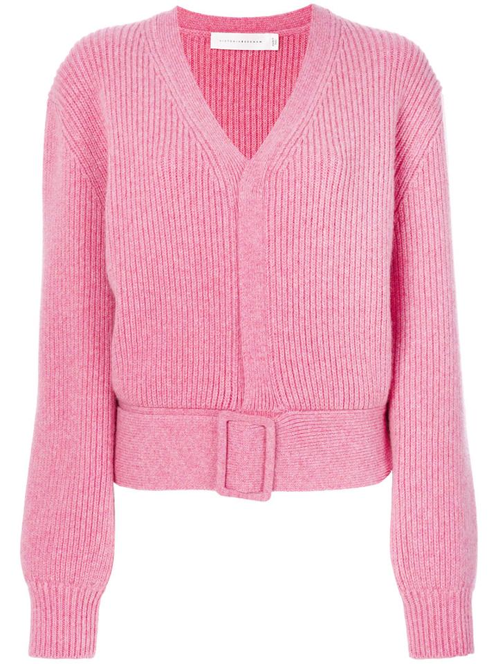 Victoria Beckham - Buckled Hem V-neck Jumper - Women - Wool - 44, Pink/purple, Wool