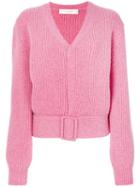 Victoria Beckham - Buckled Hem V-neck Jumper - Women - Wool - 44, Pink/purple, Wool