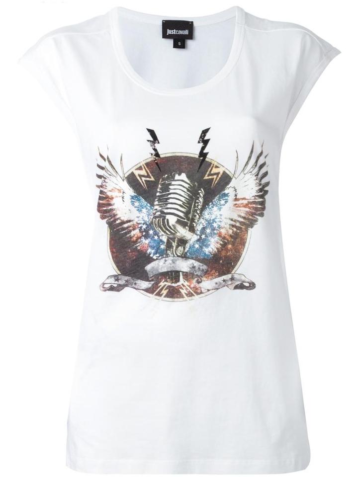 Just Cavalli Microphone Print T-shirt, Women's, Size: Xs, White, Cotton