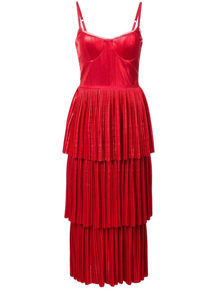 Marchesa Notte Pleate Midi Dress - Red