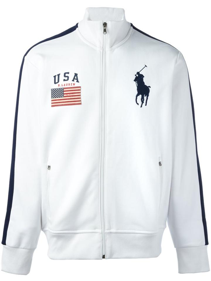 Polo Ralph Lauren Stripe Detail Flag Patch Cardigan, Men's, Size: Large, White, Cotton/polyester