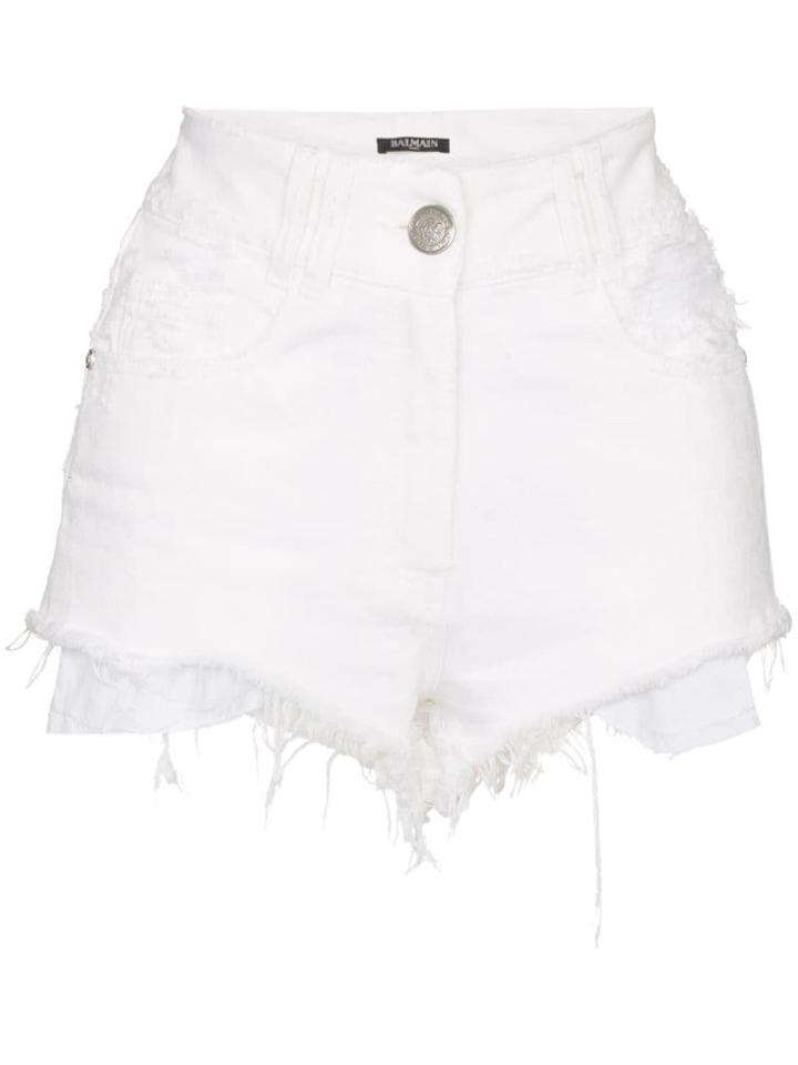 Balmain Frayed Hem Denim Shorts - White