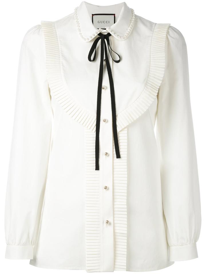 Gucci - Pleated Trim Blouse - Women - Cotton - 44, Nude/neutrals, Cotton