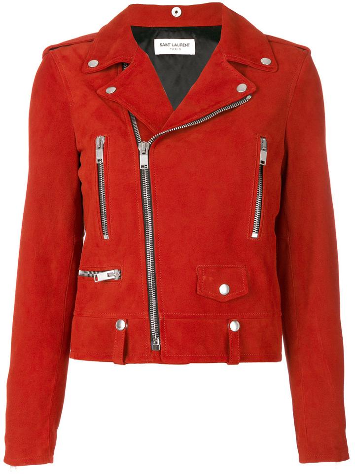 Saint Laurent - Classic Motorcycle Jacket - Women - Cotton/polyester/cupro/goat Suede - 42, Red, Cotton/polyester/cupro/goat Suede