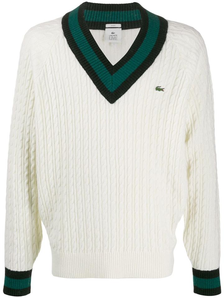 Lacoste Cable-knit V-neck Jumper - White