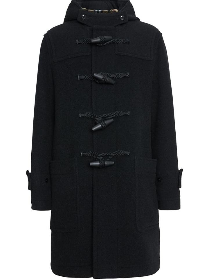 Burberry Vintage Check Detail Wool Blend Hooded Duffle Coat - Black