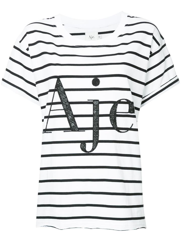 Aje Sequin Embellished Logo Striped T-shirt - White