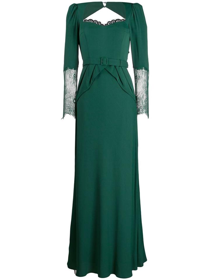 Self-portrait Belted Lace Trim Gown - Green