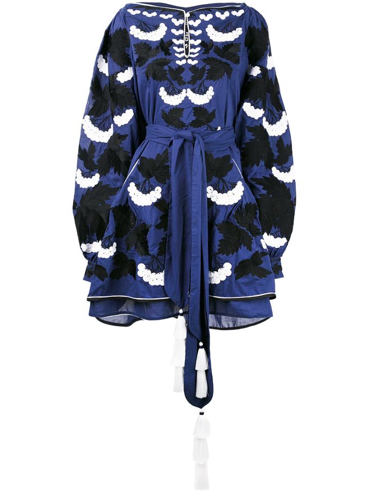 Yuliya Magdych - Floral Embroidery Belted Dress - Women - Silk/cotton - 1, Blue, Silk/cotton
