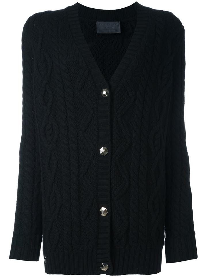 Philipp Plein Superboy Cable Knit Cardigan, Women's, Size: Small, Black, Polyester/merino