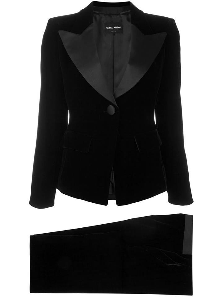 Giorgio Armani Contrast Lapel Evening Suit, Women's, Size: 44, Black, Silk/viscose/cupro/spandex/elastane
