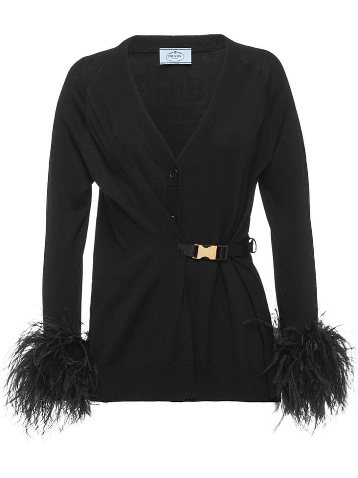 Prada Feather Trimmed Cardigan - Black