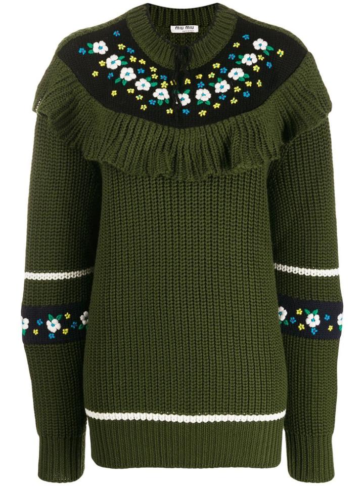 Miu Miu Ruffled Floral Embroidered Sweater - Green