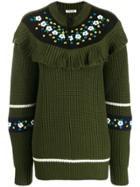 Miu Miu Ruffled Floral Embroidered Sweater - Green