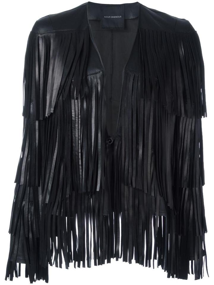 Nour Hammour 'lottery' Fringed Jacket, Women's, Size: 42, Black, Lamb Skin/acetate/satin