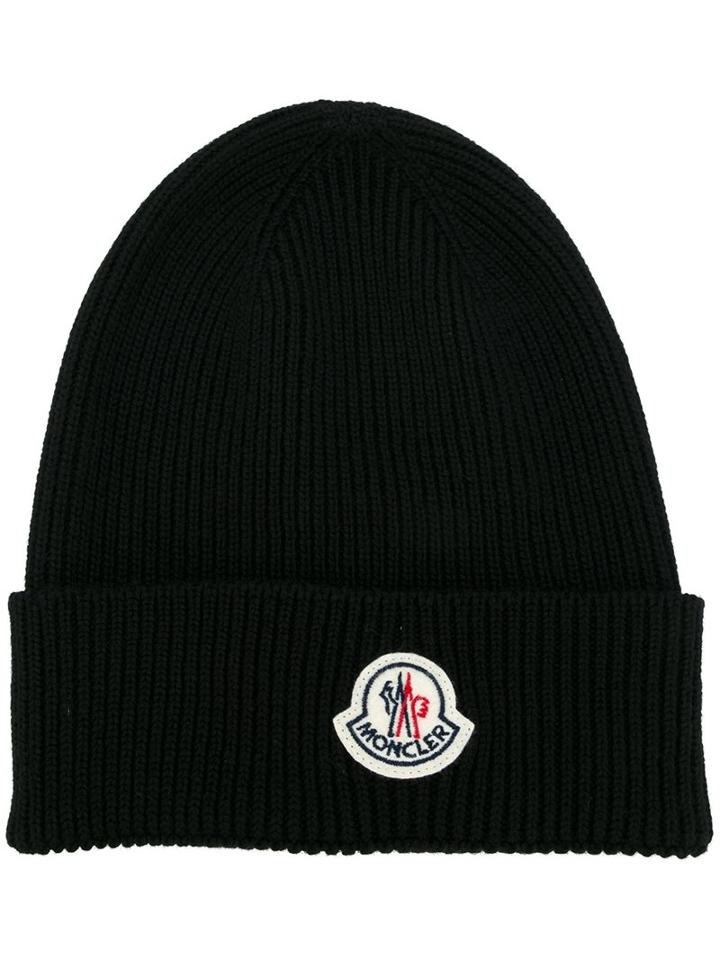 Moncler Ribbed Beanie Hat, Men's, Black, Virgin Wool
