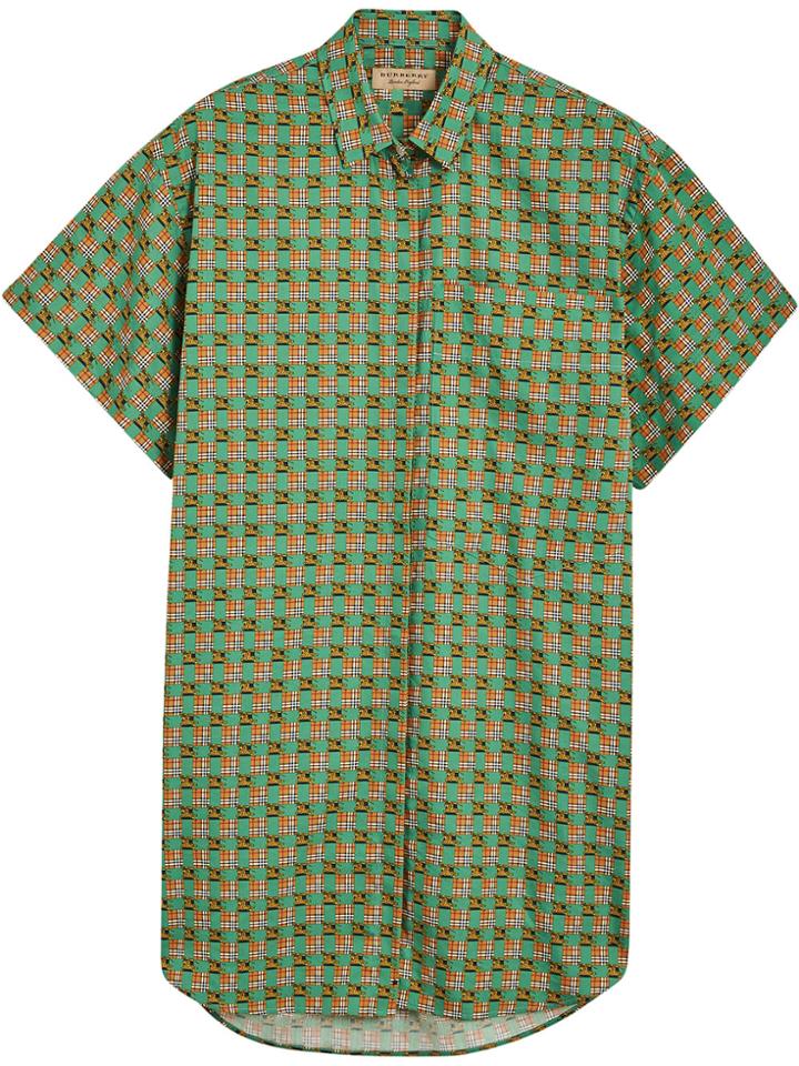 Burberry Equestrian Check Print Cotton Longline Shirt - Green