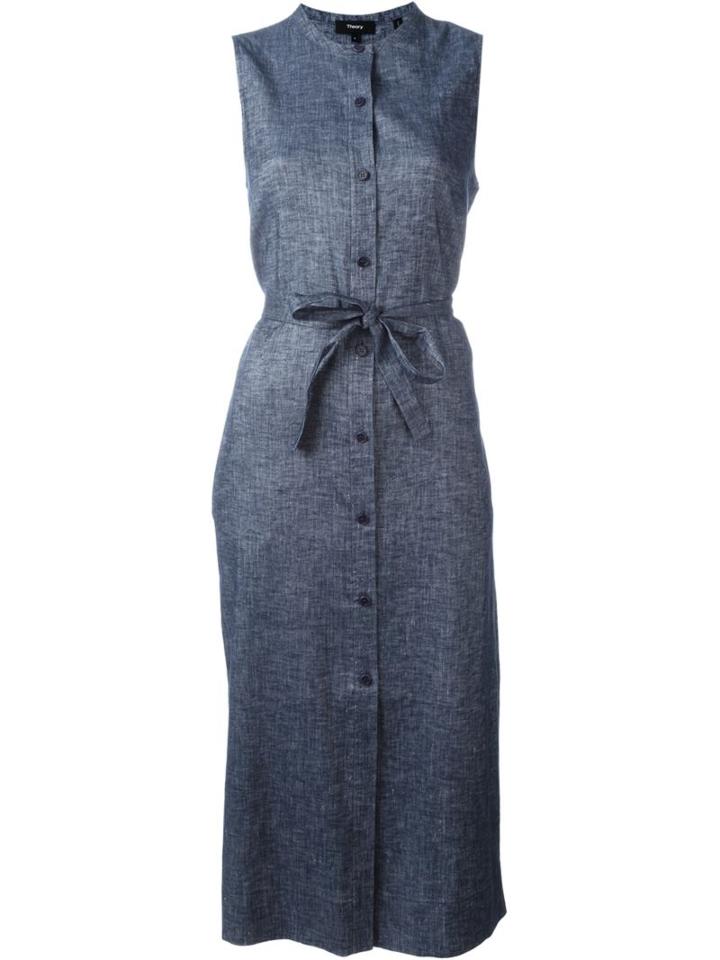 Theory Button Down Tie Waist Denim Effect Dress, Women's, Size: 6, Blue, Linen/flax/spandex/elastane/viscose