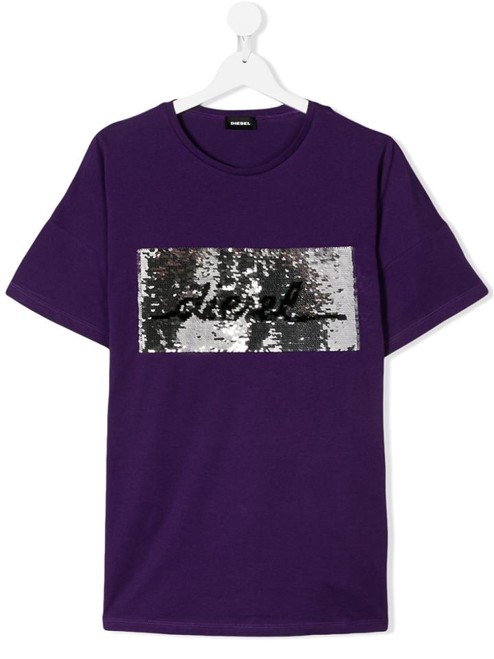 Diesel Kids Teen Sequined Logo T-shirt - Pink & Purple