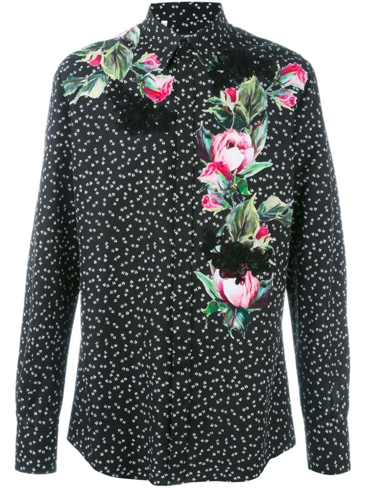 Dolce & Gabbana Rose Print Shirt, Men's, Size: 41, Black, Cotton/polyester/viscose