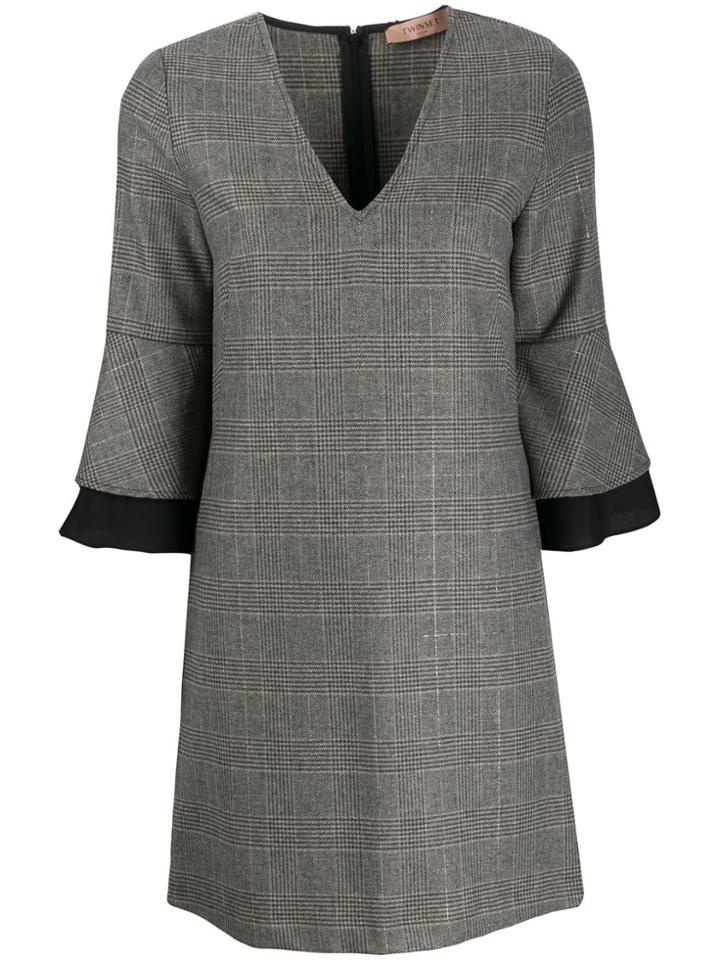 Twin-set Plaid V-neck Dress - Grey