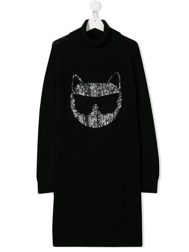 Karl Lagerfeld Kids Cat Knitted Roll Neck Dress - Black