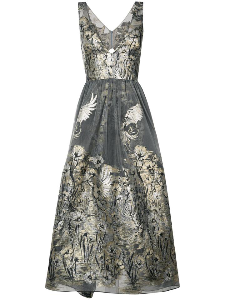 Marchesa Notte Metallic Floral Dress - Grey