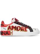 Dolce & Gabbana White, Red And Black Amore Heart Embroidered Leather