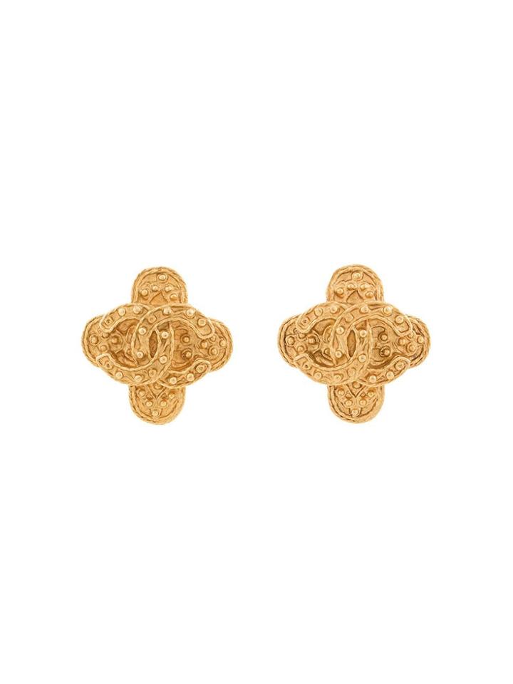Chanel Vintage Clover Motif Cc Earrings - Gold