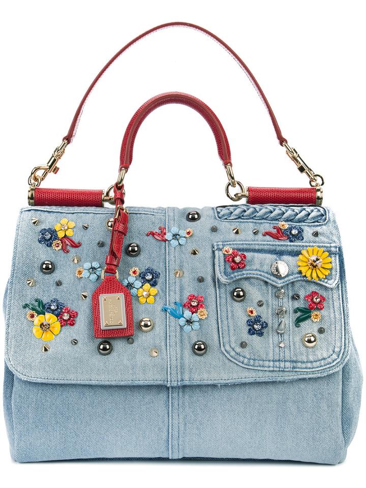 Dolce & Gabbana Embellished Shoulder Bag, Women's, Blue, Leather/cotton