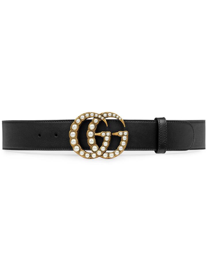 Gucci Leather Belt With Pearl Double G - Black