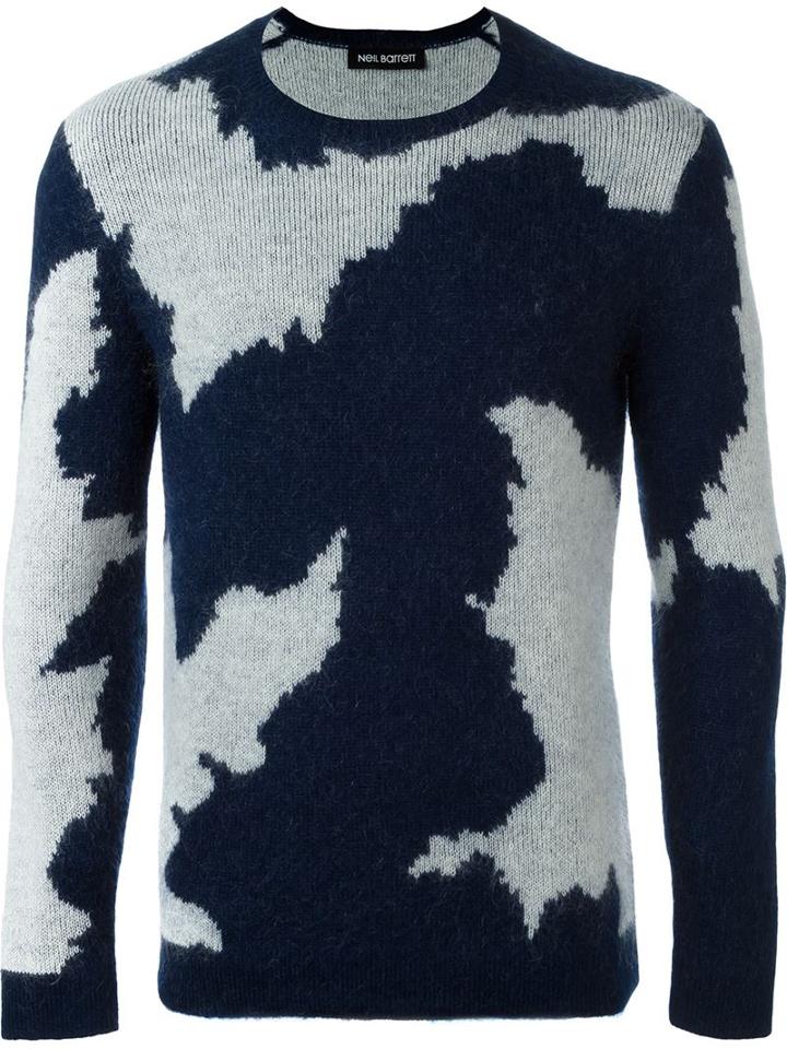 Neil Barrett Patchy Intarsia Sweater, Men's, Size: Medium, Blue, Nylon/mohair/wool