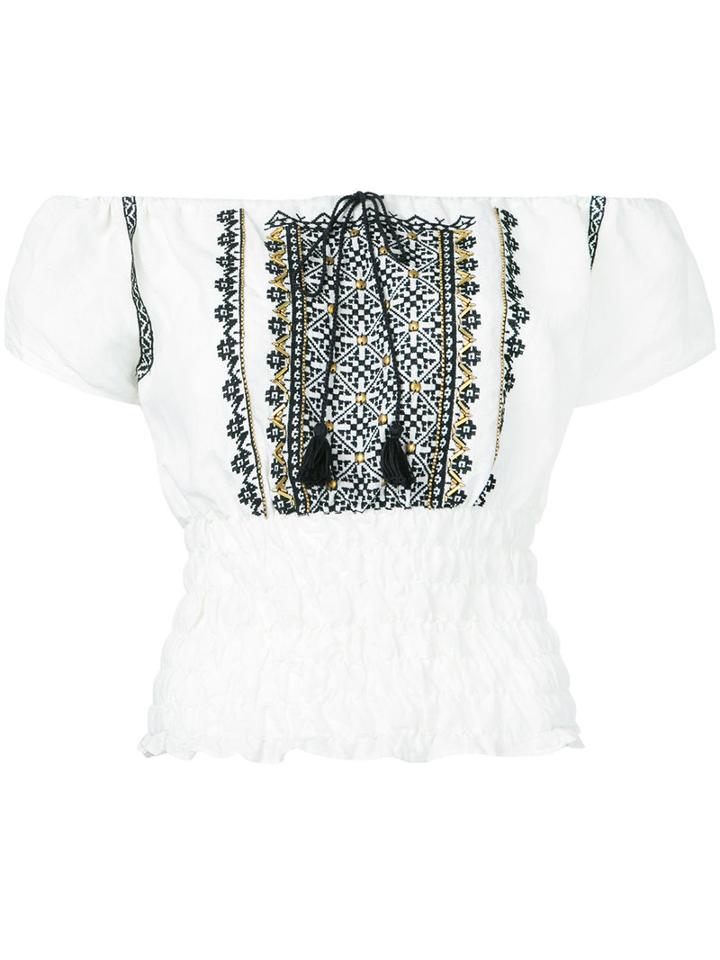 Ne Quittez Pas - Embroidered Off The Shoulder Top - Women - Cotton/linen/flax - One Size, White, Cotton/linen/flax