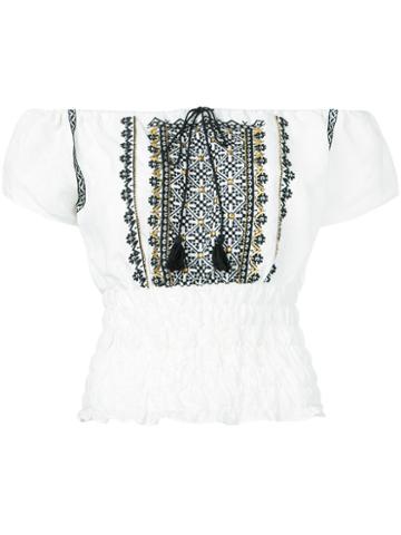 Ne Quittez Pas - Embroidered Off The Shoulder Top - Women - Cotton/linen/flax - One Size, White, Cotton/linen/flax