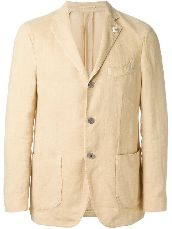 Lardini Notched Lapel Flower Button Blazer, Men's, Size: 50, Nude/neutrals, Hemp/polyester