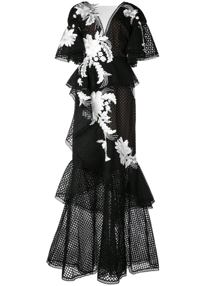 Marchesa Floral Applique Dress - Black