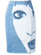 Jeremy Scott - Face Print Denim Skirt - Women - Cotton/other Fibres - 40, Women's, Blue, Cotton/other Fibres