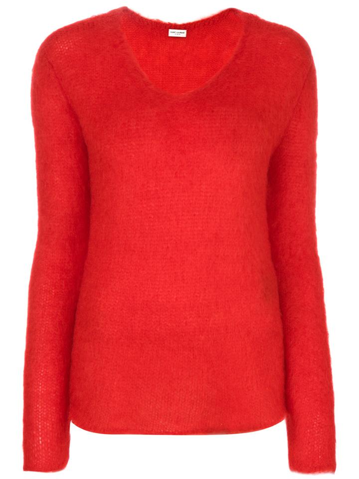 Saint Laurent - Loose Stitch V-neck Jumper - Women - Nylon/mohair/wool - M, Red, Nylon/mohair/wool