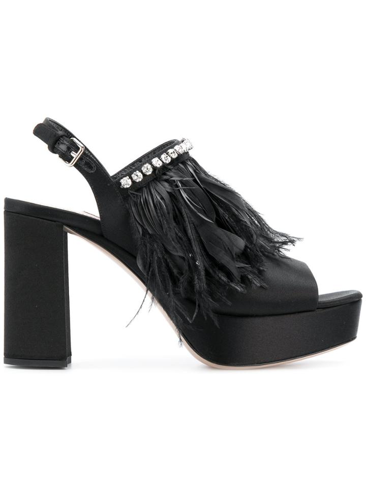 Miu Miu Feather-trimmed Sandals - Black