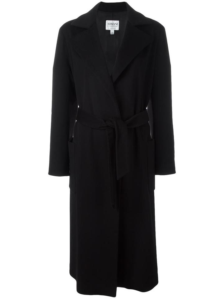 Armani Collezioni Belted Single Breasted Coat, Women's, Size: 42, Black, Viscose/polyester/virgin Wool