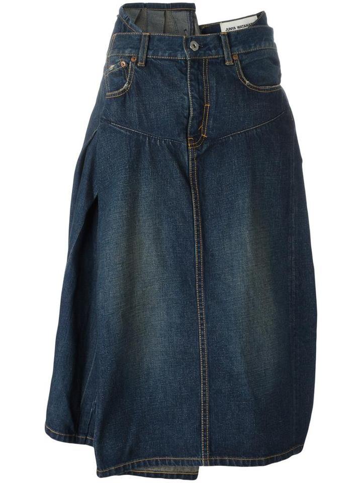 Junya Watanabe Comme Des Garçons Asymmetric Pleated Denim Skirt, Women's, Size: Medium, Blue, Cotton/calf Leather
