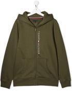 Tommy Hilfiger Junior Teen Logo Print Zipped Hoodie - Green