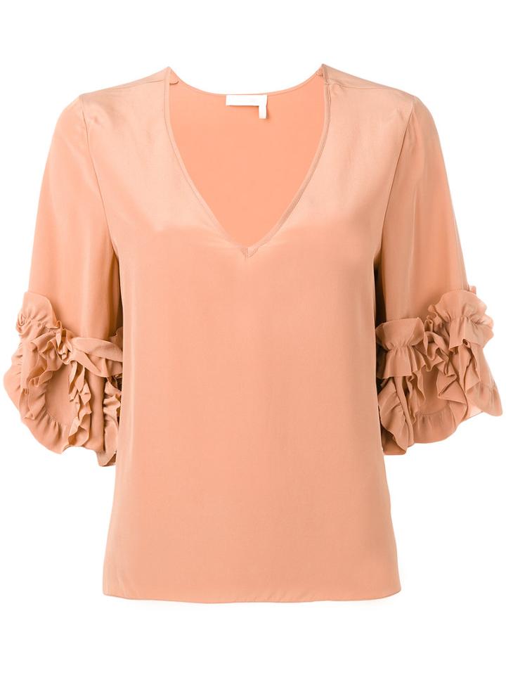 See By Chloé - Frilled Sleeve Blouse - Women - Silk/viscose - 38, Women's, Nude/neutrals, Silk/viscose