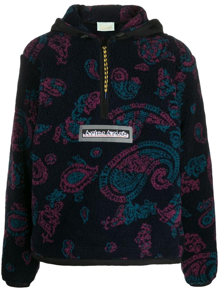 Aries Paisley Patterned Textured Hoodie - Blue