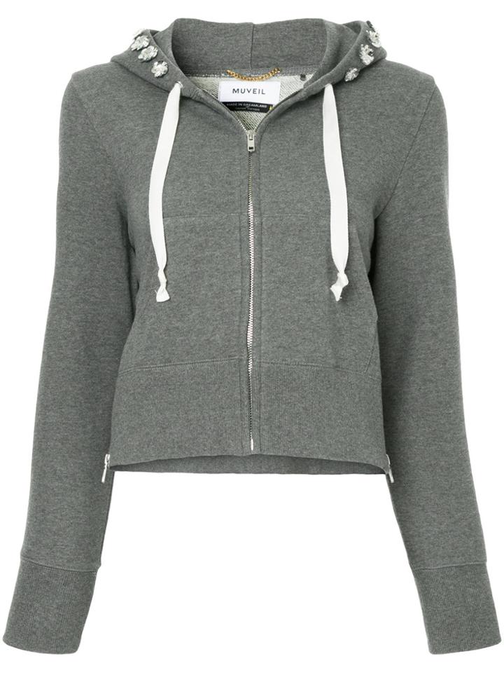 Muveil Floral Appliqué Zipped Hoodie - Grey