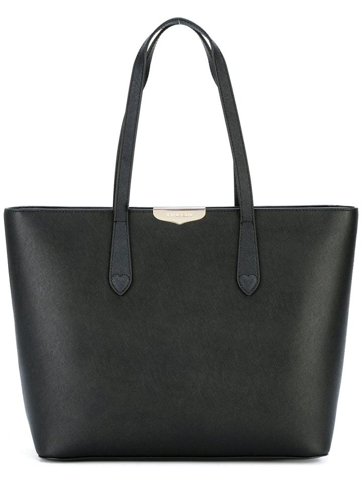 Twin-set Logo Plaque Tote, Black, Leather