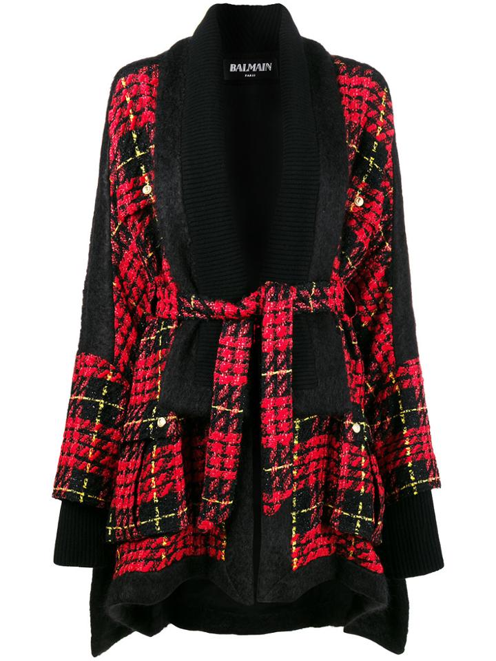 Balmain Belted Checked Cape Coat - Black
