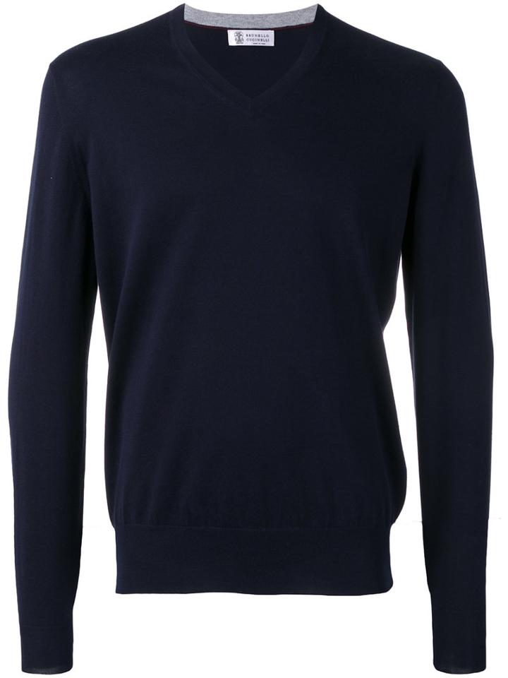 Brunello Cucinelli V-neck Sweater, Men's, Size: 56, Blue, Cotton