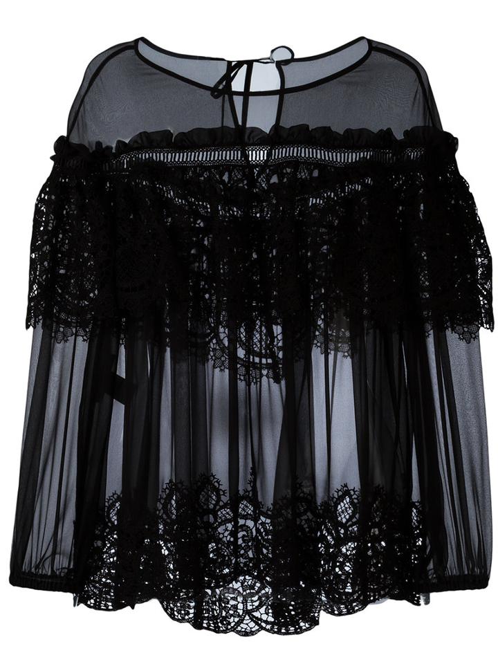 Alberta Ferretti - Sheer Ruffled Lace Top - Women - Silk - 48, Black, Silk