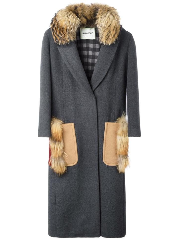 Ava Adore 'poppy' Coat, Women's, Size: 38, Grey, Virgin Wool/cashmere/racoon Fur/cotton